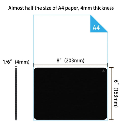 Tiny 6 By 8 Inch Mouse Pad For Laptop And Travel, Thick Yet Portable, Washable, Non Slip Rubber Base, showing size comparison with A4 paper.
