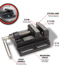 Heavy Duty Drill Press Vise With Beefy Etched Jaws For Rock Solid Zero Slip Locking Pivot Handle showing jaw width and mounting holes.