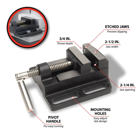 Heavy Duty Drill Press Vise With Beefy Etched Jaws For Rock Solid Zero Slip Locking Pivot Handle showing jaw width and mounting holes.