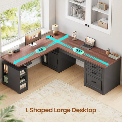 Farmhouse L Shaped Electric Standing Desk Boss Level Height Adjustable Sit To Stand Setup With 63 By 67 Inch Workspace