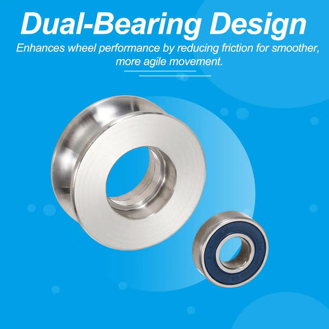 Heavy Duty V Groove Track Wheels 304 Stainless Steel Double Pulley 3000 Lb Capacity showing dual-bearing design for smooth movement.