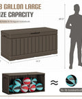 78 Gallon Outdoor Deck Box Large Resin Storage Box For Patio Cushions Garden Tools And Yard Gear With Lockable Lid Weatherproof And UV Resistant Brown Durable Construction For Easy Rainy Day Storage, showing dimensions and capacity for basketballs.