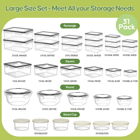 Huge 62 Piece Airtight Food Storage Set With Lids Including 31 Lids And 31 Containers displayed with rectangular, square, round shapes
