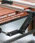 Precision Cantilever Tapping Arm For Hand Drill With Flexible Vertical Tap Guide. Shows 360-degree rotation and heavy-duty aluminum build.