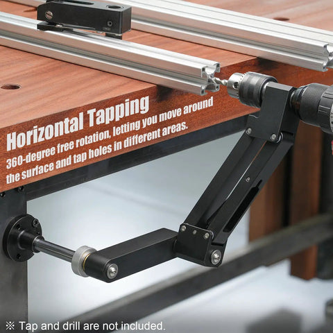 Precision Cantilever Tapping Arm For Hand Drill With Flexible Vertical Tap Guide. Shows 360-degree rotation and heavy-duty aluminum build.