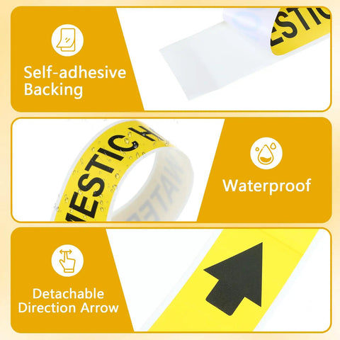 Domestic Hot Water Pipe Label Roll With Self Sticking Markers, 1 Inch High By 8 Inch Wide Yellow Plastic Film, Easy Peel And Apply, 25 Labels Per Roll For A No Fuss, Quick Identification Of Pipes. Self-adhesive, waterproof labels with detachable arrow