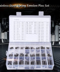 Top Grade M1.5 To M8 Stainless Steel Spring Tension Pin Set With Plastic Box, 280 pieces organized by size.