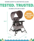 Go With Me Venture Portable Toddler Chair On The Go With Sun Canopy For Indoor And Outdoor Use, dimensions labeled