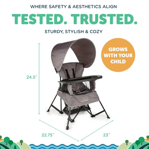 Go With Me Venture Portable Toddler Chair On The Go With Sun Canopy For Indoor And Outdoor Use, dimensions labeled