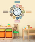 Boho Rainbow Clock Numbers Bulletin Board Kit With 16 Telling Time Labels on classroom wall above children's study area.
