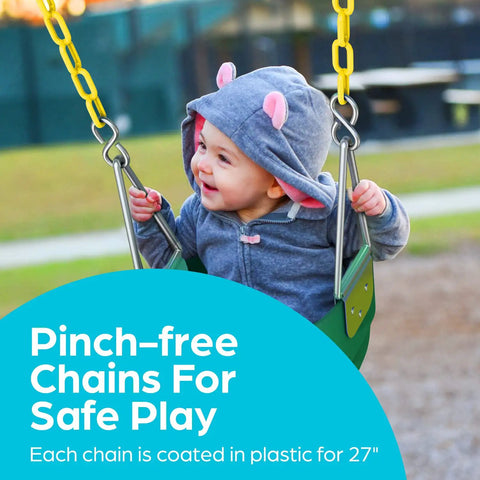 Toddler enjoying outdoor baby swing for toddlers with high-back bucket seat, heavy duty coated chains, backyard swing accessory