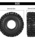 S5 1.0 Inch Cling On Tires Set 64mm Tall By 24mm Wide For TRX4M SCX24 1 18th And 1 24th Scale RC Crawlers With Ultra Sticky Compound And Aggressive Tread Pattern Includes Four 15g Tires Compatible With Silicone Inserts 1062 showing side and front view detailing measurements