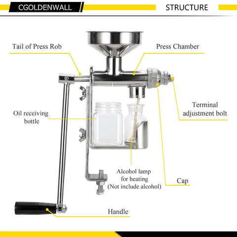 Diagram of Manual Oil Press Machine For Home Use, Seed And Nut Oil Expeller For Peanut Oil with labeled parts.