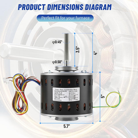 Furnace Blower Motor Heavy Duty One Third HP 115V 1075 RPM Four Speed Replacement for GE Trane American Standard with dimensions labeled