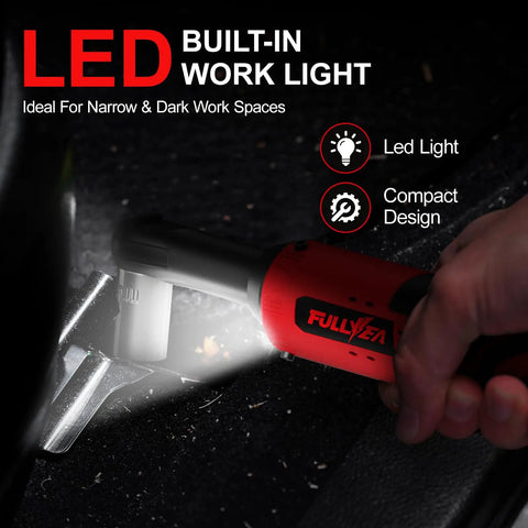 Cordless Ratchet Wrench Kit with LED light illuminating dark space, ergonomic design, 12V power, three eighths inch drive, 400 RPM, 45Nm torque.
