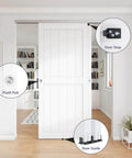 Go To 6 Ft Bypass Closet Door Track Kit With Top Mounted Hardware For Two Door System In Heavy Duty Aluminum Smooth And Quiet Operation Fits Minimum Door Panel Width Of 36.5 Inches Silver Finish installed on a white door with flush pull, door stop, and guide in a modern interior.
