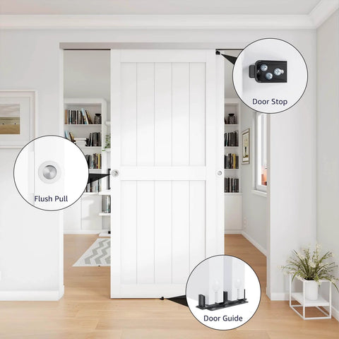 Go To 6 Ft Bypass Closet Door Track Kit With Top Mounted Hardware For Two Door System In Heavy Duty Aluminum Smooth And Quiet Operation Fits Minimum Door Panel Width Of 36.5 Inches Silver Finish installed on a white door with flush pull, door stop, and guide in a modern interior.