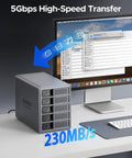Heavy Duty Five Bay Hard Drive Enclosure USB 3.0 SATA External HDD Cage For 3.5 And 2.5 Inch SSD Supports Up To 110TB connected to a desktop.