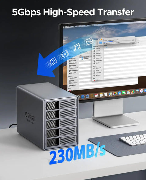 Heavy Duty Five Bay Hard Drive Enclosure USB 3.0 SATA External HDD Cage For 3.5 And 2.5 Inch SSD Supports Up To 110TB connected to a desktop.