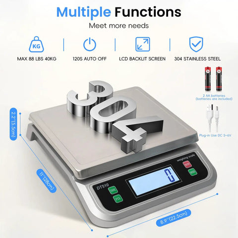 Heavy Duty 88 Pound Food Scale With 6 Unit Stainless Steel Commercial Kitchen Scale Full View LCD Display Tare And PCS Function