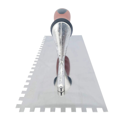 Stainless Steel Square Notch Tile Trowel One Quarter Inch By One Quarter Inch Pro Grade Heavy Duty Construction With Comfort Grip Handle Rust Resistant 11 Inch Overall Size Great For Pros And DIY Tile Installations, viewed from the front.