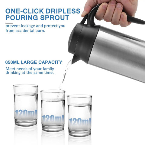 12V Car Kettle Boiler 650ml Travel Water Heater for Car With Double Layer 304 Stainless Steel And DC 12V Charger being poured into glasses