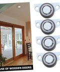 Set Of Four Adjustable Door Wheel Rollers For Sliding Closet Barn Doors With Heavy Duty Silent Pulleys displayed with wooden doors.