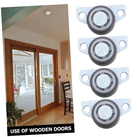 Set Of Four Adjustable Door Wheel Rollers For Sliding Closet Barn Doors With Heavy Duty Silent Pulleys displayed with wooden doors.