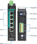 Front and side view of 5 Port Hardened Industrial Gigabit PoE Plus DIN Rail Switch With 120W Power Budget 1 X SFP Slot IP30 Rated