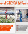 Chain Link Fence Banana Clip Set For Tensioning And Stretching shown securing fence, focusing on easy installation by one person.