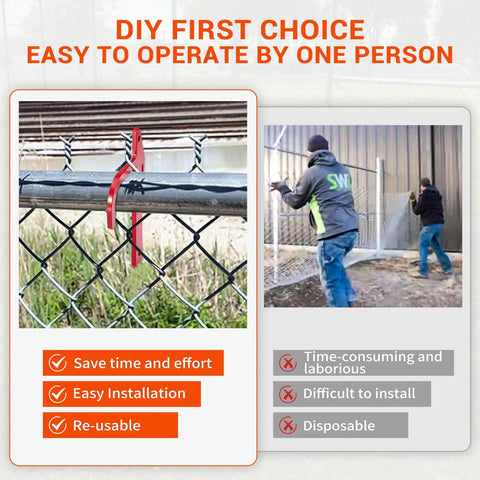 Chain Link Fence Banana Clip Set For Tensioning And Stretching shown securing fence, focusing on easy installation by one person.