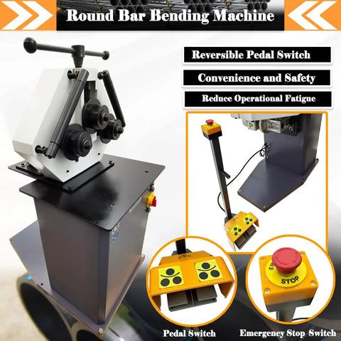 Heavy Duty Electric Roll Bender 1.1KW Three Roller Metal Bending Machine with pedal switch and adjustable rollers.