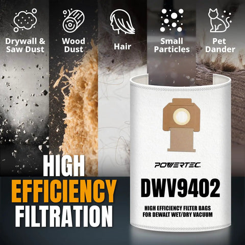Replacement Fleece Filter Bags For DeWalt Dust Extractors Self Cleaning 5 Pack Compatible With DWV9402 vacuum filtration graphic