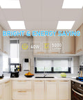 Four Pack 2x2 LED Flat Panel Lights With 3000K 4000K 5000K Color Temp, 40W 5000LM, installed in modern kitchen ceiling