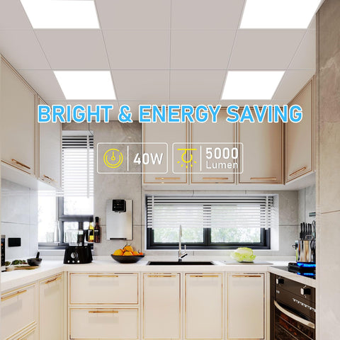 Four Pack 2x2 LED Flat Panel Lights With 3000K 4000K 5000K Color Temp, 40W 5000LM, installed in modern kitchen ceiling