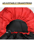 Close-up of Cozy Cold Weather Sleeping Bag for Adults with adjustable drawstring, 190T polyester shell, in red and black colors.