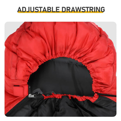 Close-up of Cozy Cold Weather Sleeping Bag for Adults with adjustable drawstring, 190T polyester shell, in red and black colors.