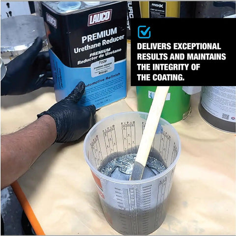 Urethane Grade Reducer for Automotive and Industrial Coatings, 1 Gallon, High Solids Formula, container and mixing cup.