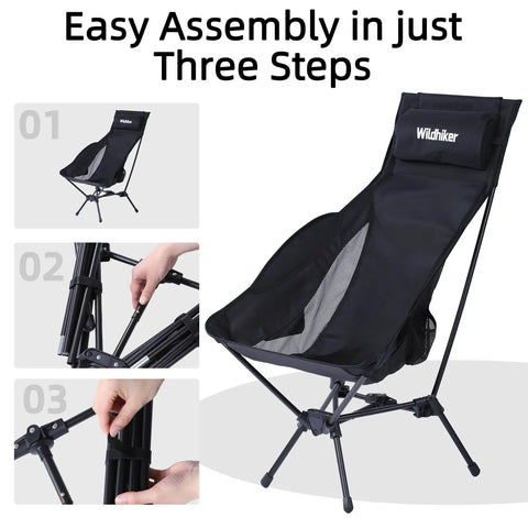 Assembly steps for Portable Lightweight Folding Camping Chair With High Back And Pillow, Deep Recline, Arm Pads, And Side Pockets