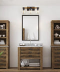 Rustic Farmhouse 3 Light Vanity Light Over Mirror With Seeded Glass Shades in bathroom, wood and black metal bath sconce