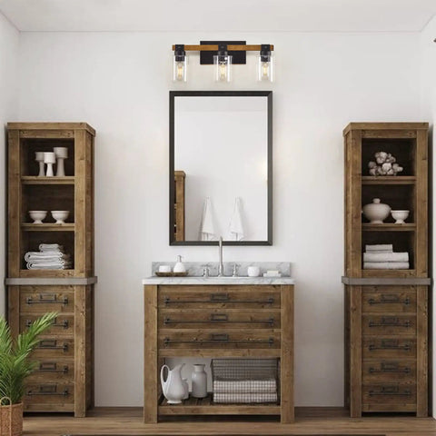 Rustic Farmhouse 3 Light Vanity Light Over Mirror With Seeded Glass Shades in bathroom, wood and black metal bath sconce