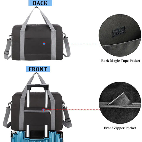 Back and front view of Underseat Personal Item Duffel Bag 18x14x8 Foldable Carry On For Air Travel 25L with pockets and handles.