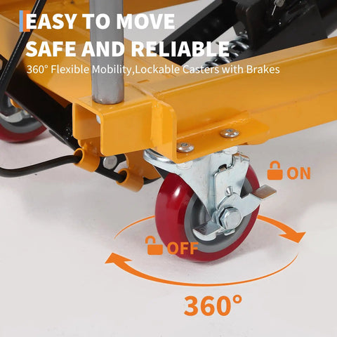 Heavy Duty Hydraulic Lift Cart With A Rock Solid Steel Frame, Five Hundred Pound Capacity, showing 360° swivel lockable casters.
