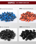 Image showing the 120Pcs Fender Flare Clip Kit with blue, orange clips and black nylon nuts for Toyota vehicles replacement.