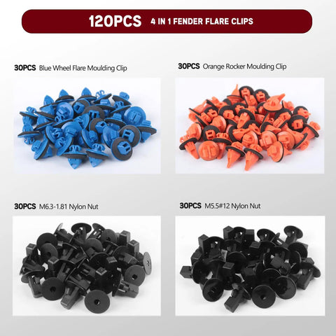 Image showing the 120Pcs Fender Flare Clip Kit with blue, orange clips and black nylon nuts for Toyota vehicles replacement.