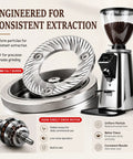 No Nonsense Electric Coffee Bean Grinder With Quick Timer Dial Crisp Led Display Silver Frame Spacious Hopper And Razor Sharp Burrs showing 64mm flat burrs and 350W motor for espresso grind.