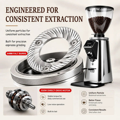 No Nonsense Electric Coffee Bean Grinder With Quick Timer Dial Crisp Led Display Silver Frame Spacious Hopper And Razor Sharp Burrs showing 64mm flat burrs and 350W motor for espresso grind.