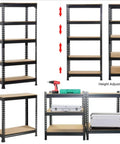 Five Tier Boltless Adjustable Steel Storage Shelf Unit Black assembly and height options displayed with tools on shelves.