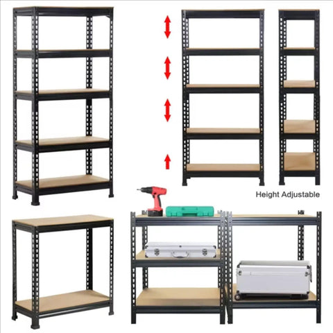 Five Tier Boltless Adjustable Steel Storage Shelf Unit Black assembly and height options displayed with tools on shelves.