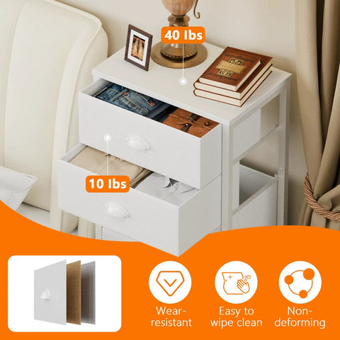 White Tall Dresser With Vertical Storage Tower And End Table Featuring Six Fabric Drawers And Drawer Organizer For Bedroom Living Room Closet Entryway Built Tough With Reinforced Metal Frame with open drawers displaying weight capacity.